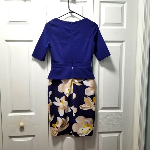 Ladies Faux 2 piece Dress, Royal Blue top attached flowered pencil skirt Medium - Picture 2 of 5